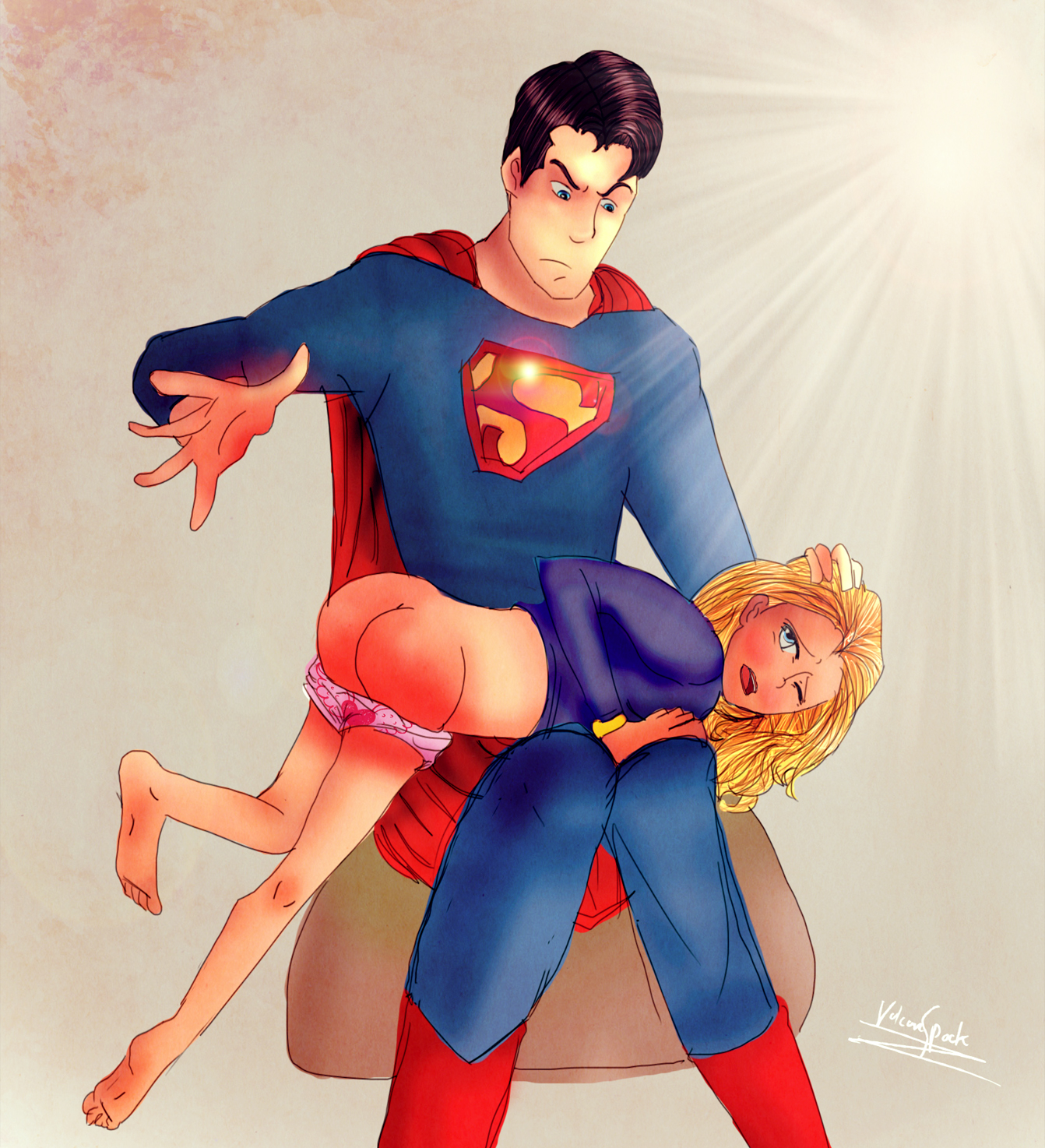 Superman gives his cousin Supergirl another much-needed spanking. 
